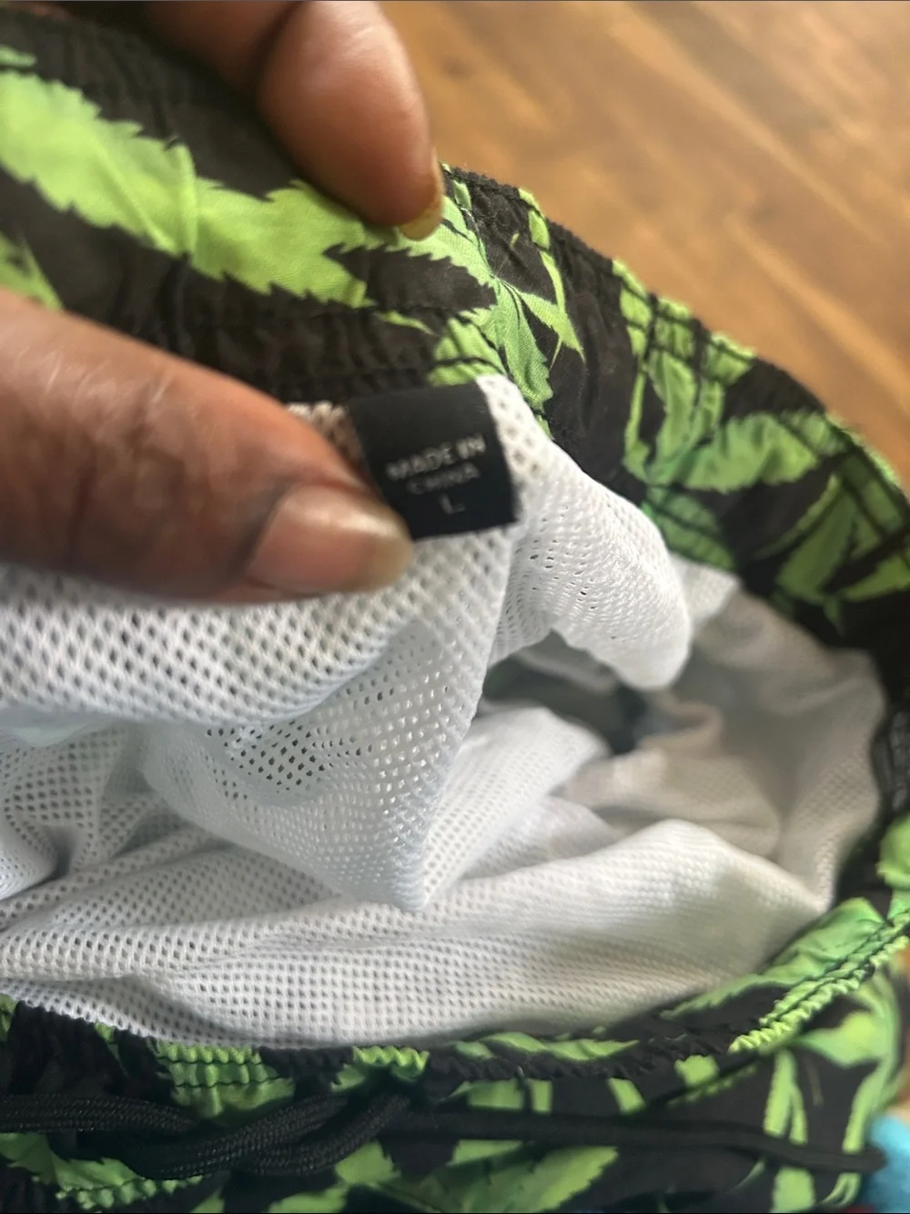Fashion Nova Men Black Swim Shorts with Bright Green Leaf Print